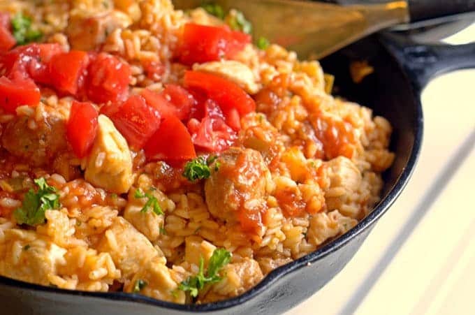 A dish is filled with Jambalaya and Rice