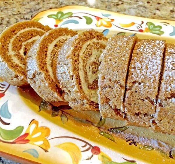 A cake roll on a plate