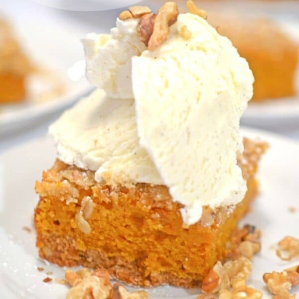 pumpkin bar with ice cream on a plate