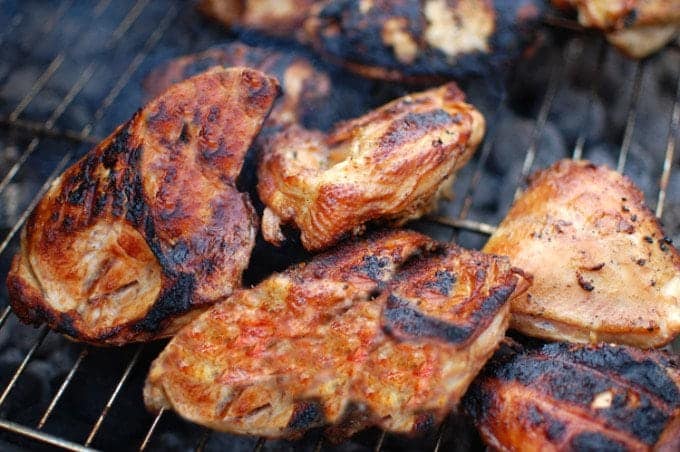 A close up of food on a grill