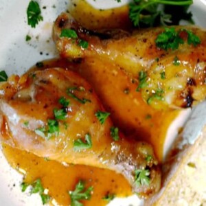 A close up of food on a plate, with Chicken and Honey