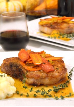 Cayenne Seared Pork Chops with Orange-Glazed Carrots