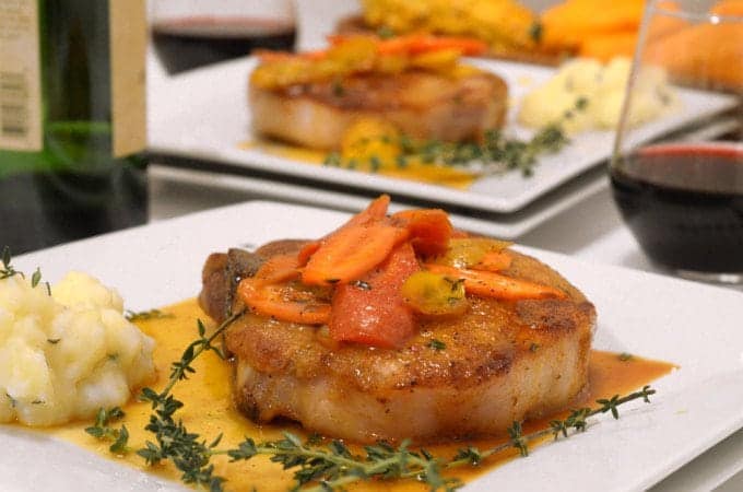 Cayenne Seared Pork Chops with Orange-Glazed Carrots