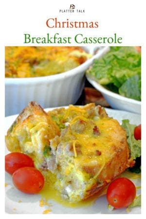 This Christmas Breakfast Casserole from Platter Talk is an easy sausage breakfast casserole that can be made the night before baking. #ChristmasBreakfastCasserole #Overnightbreakfastcasserole #sausagebreakfascasserole #Christmastbreakfast