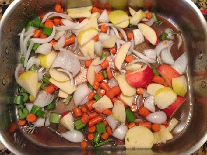A pan of vegetables and potatoes