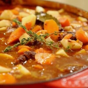 A close up of a bowl of food, with Stew