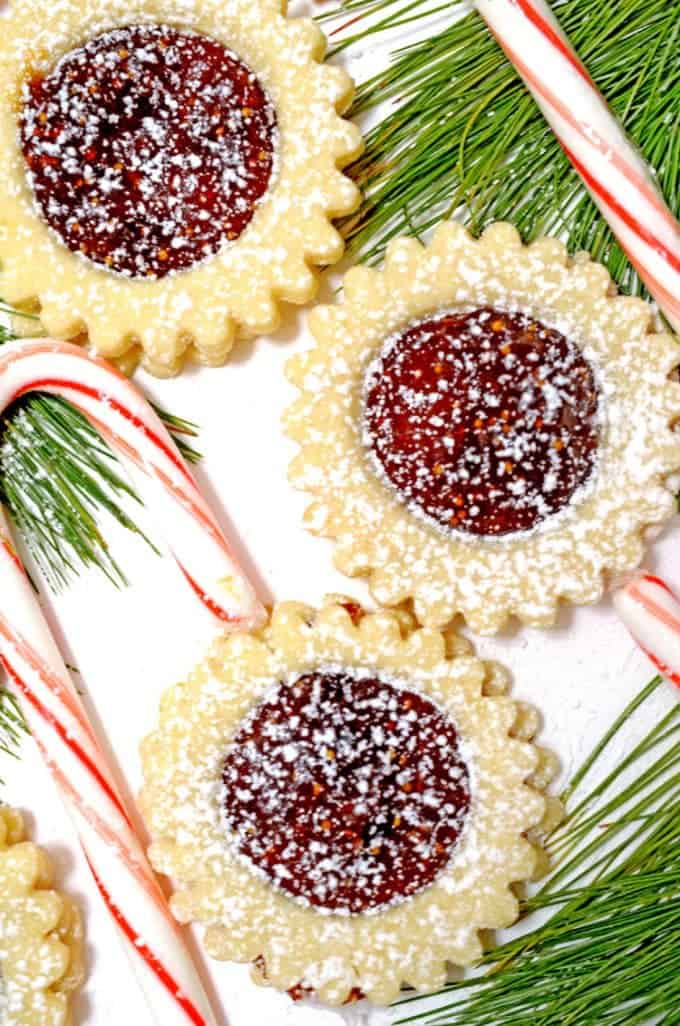 A top view of jam sandwich cookies.