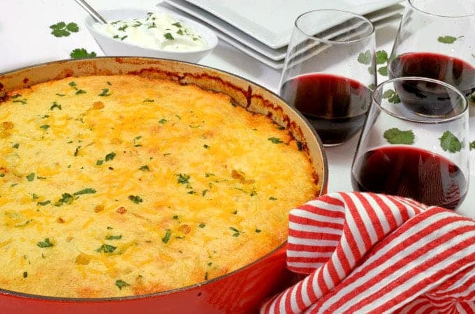 A cronbread casserole in a skillet