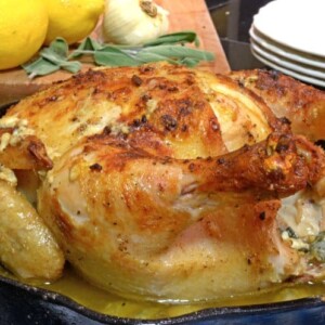 A pan of cooked chicken.