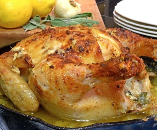 A pan of cooked chicken.