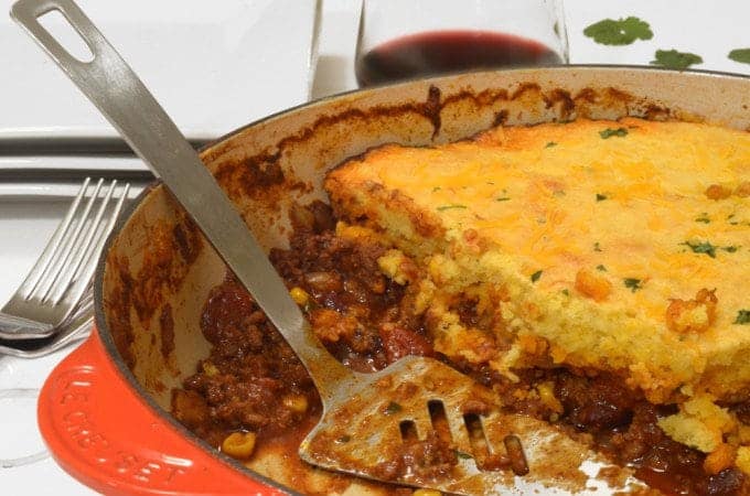 A dish of chili cornbread casserole