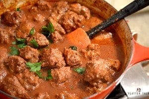 A skillet of meatballs