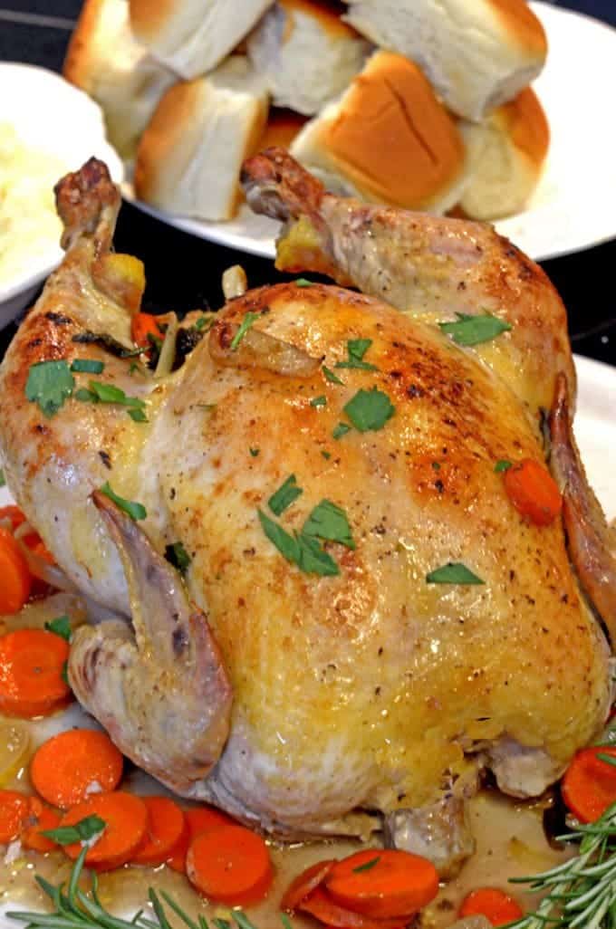A close up of a roast chicken