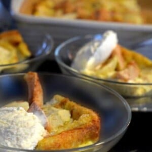 bowls of apple pear bread pudding