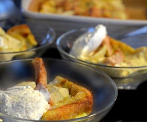bowls of apple pear bread pudding