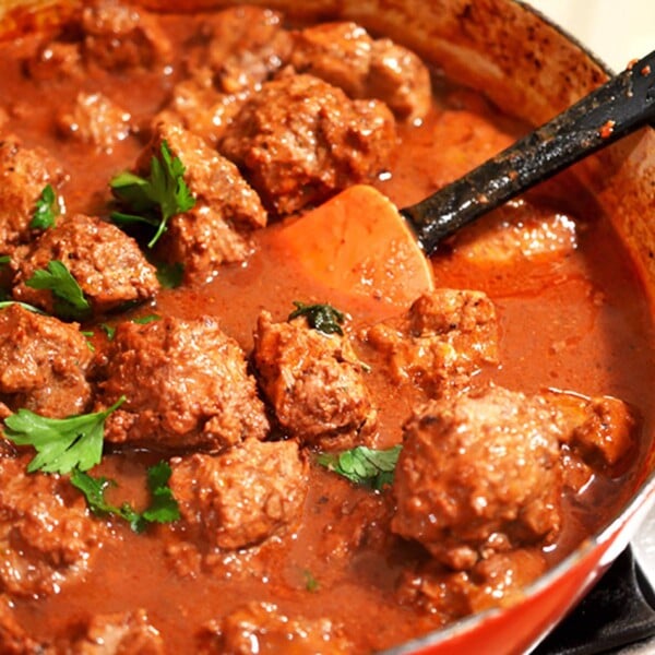 Pot of meatballs with red sauce