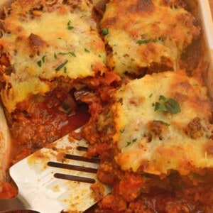 A pan of baked eggplant Parmesan.