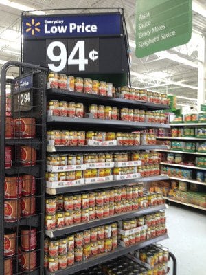 a store shelf of rotel tomatoes 