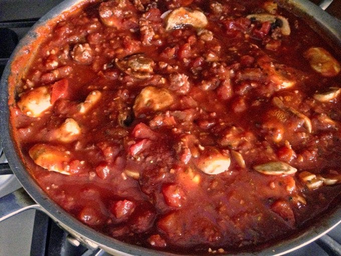 sauce simmering in a pan.