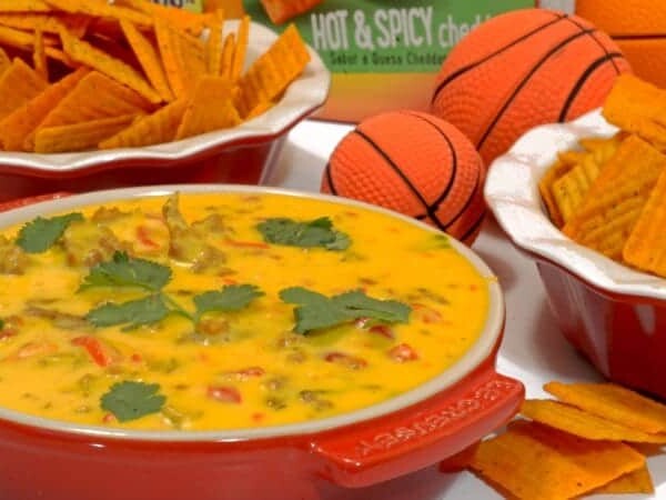 a bowl of sausage cheese chip dip.