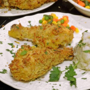 A plate of fried chicken drumstics.