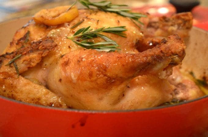 A close-up of a roasted chicken