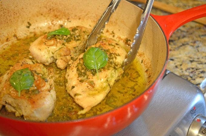 chicken and pesto being served 