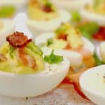 a close up of deviled eggs.