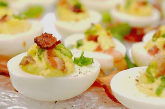 a close up of deviled eggs.