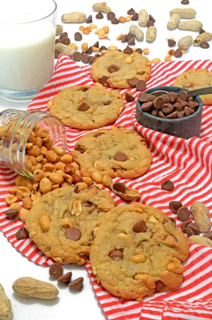 A bunch of cookies on a red and white towel