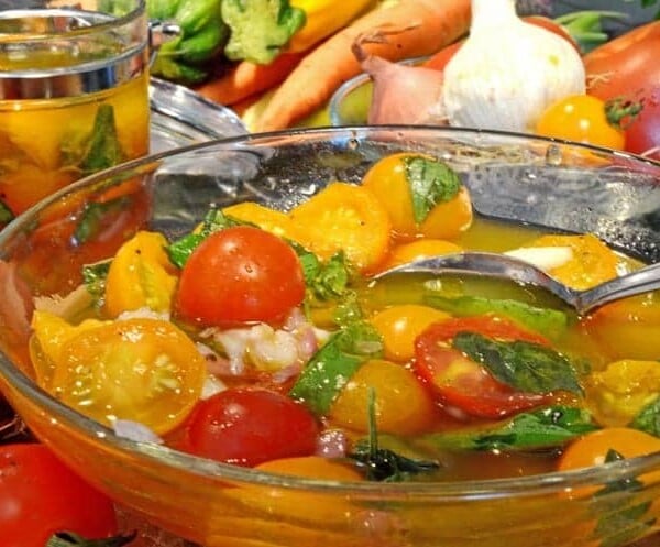 A bowl of marinated tomatoes
