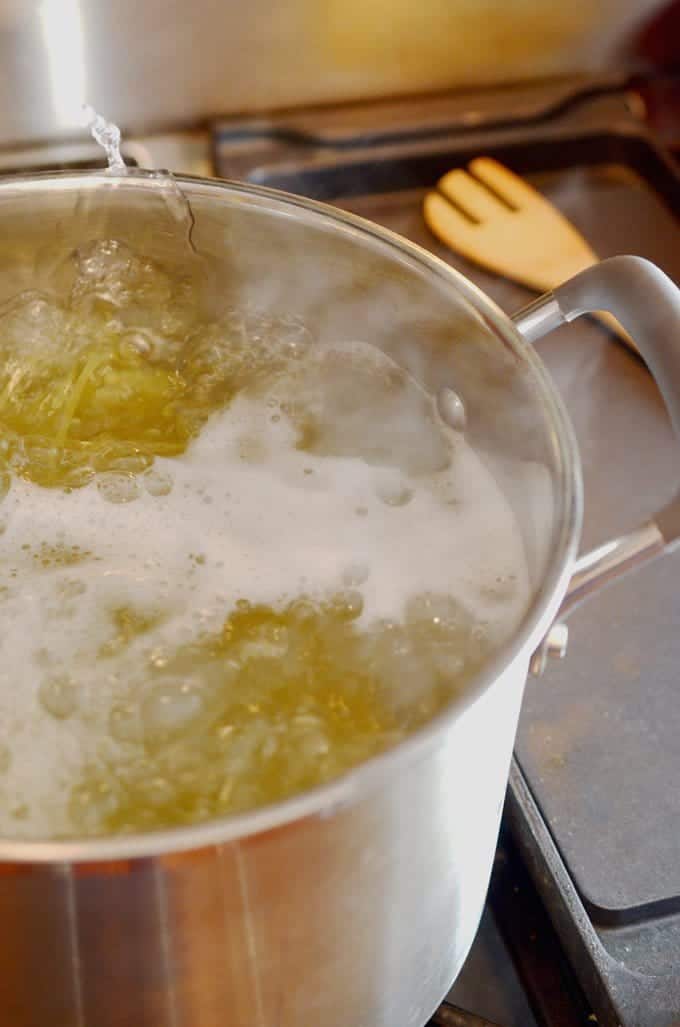 boiling pasta in a big pot