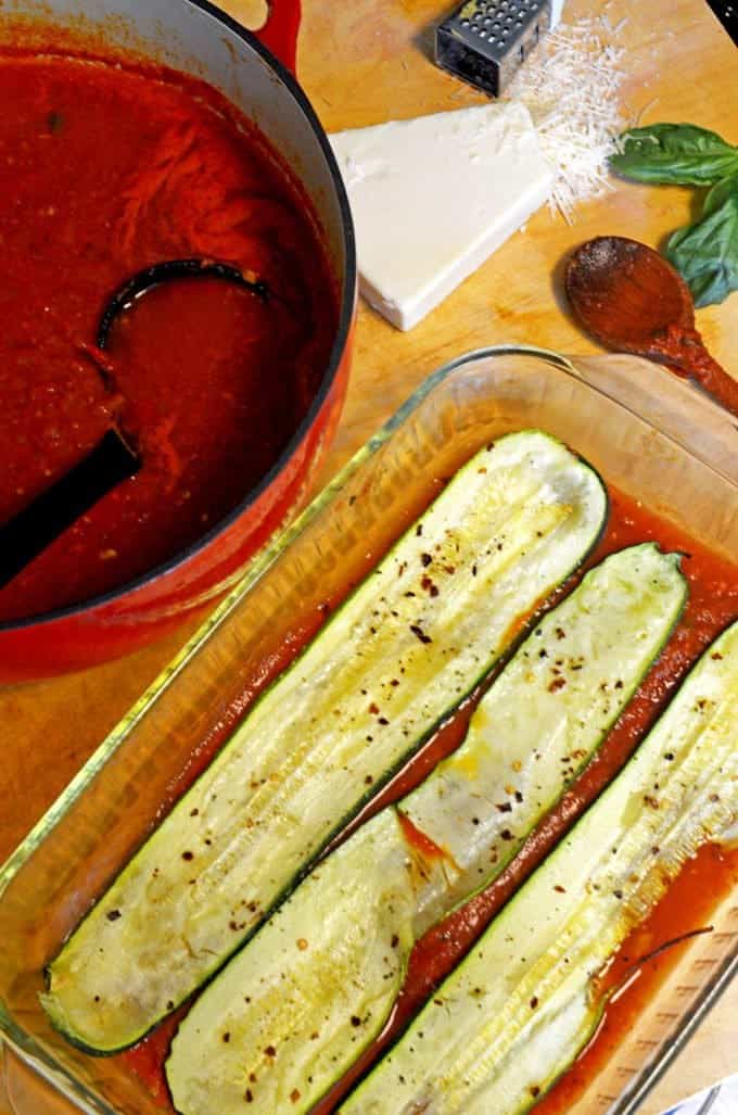 slices of zucchini in a pan.
