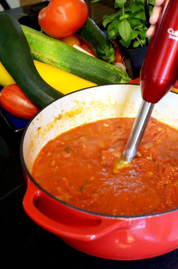 A skillet of tomato sauce