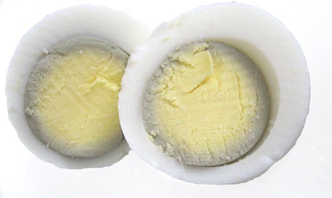 A cross-section of a hard-boiled egg