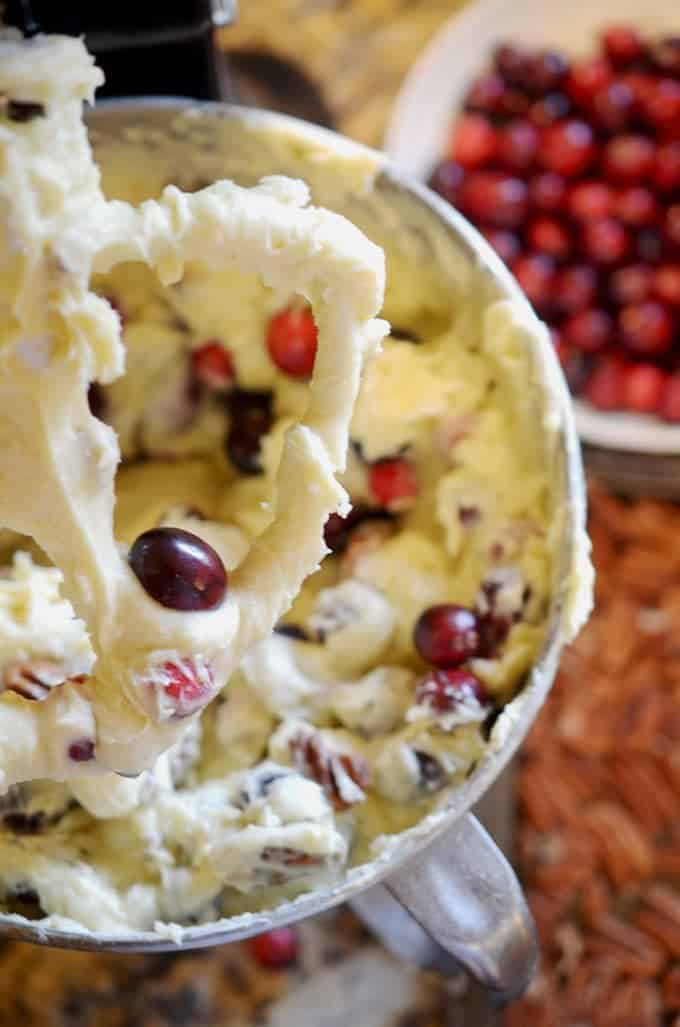 Cranberry bread dough in mixer