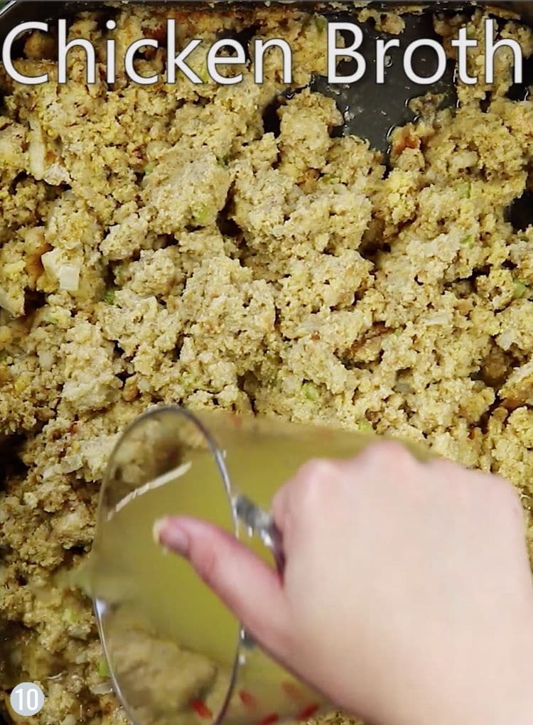 Adding chicken broth to cornbread dressing recipe.