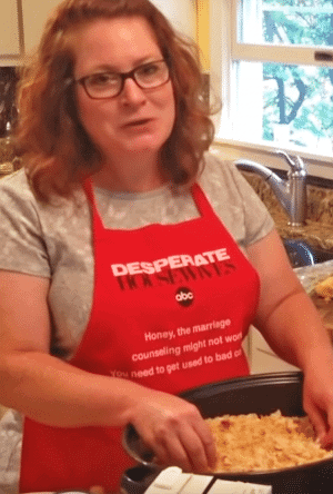 Southern woman showing how to make cornbread dressing in the kitchen.