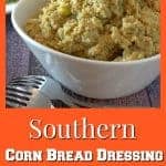 Southern Cornbread Dressing Recipe, features cornbread as well as biscuits, chicken broth, and lots of sage.