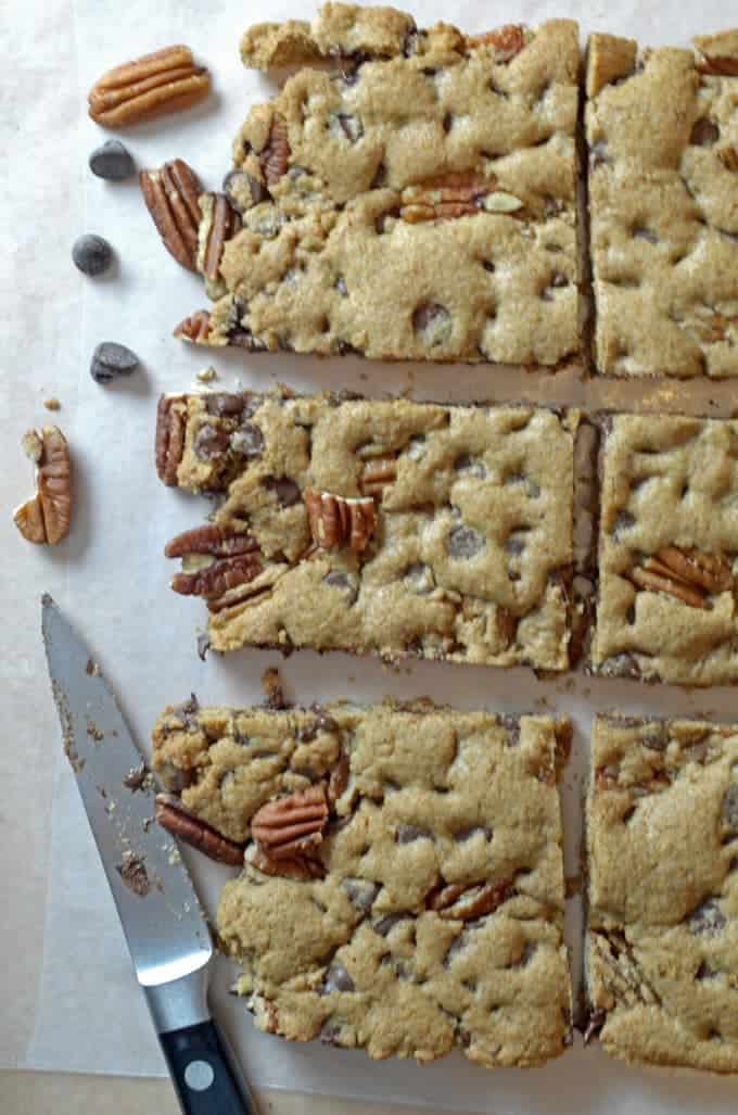 A bunch of cookie bars cut into squares