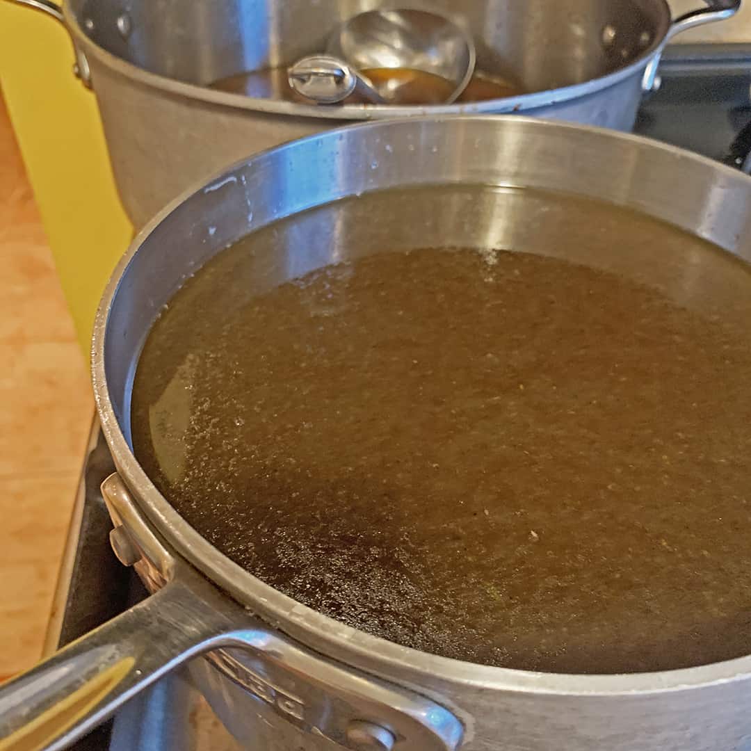 Pot of hot turkey stock.