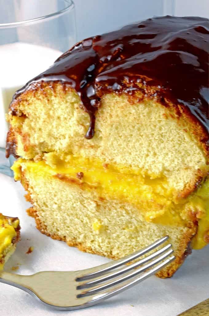 A cross-section of a Boston cream cake