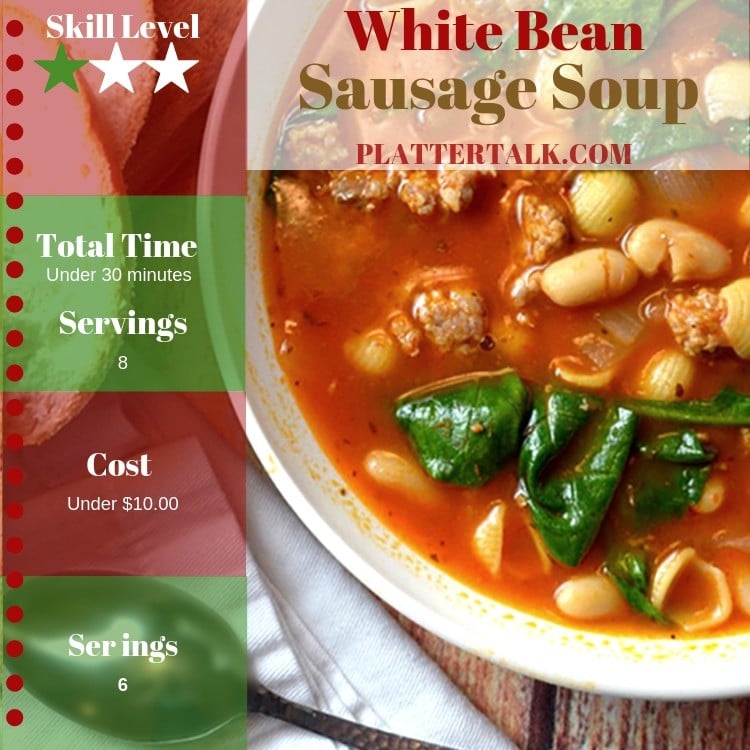 Bowl of white bean soup with sausage and recipe information.