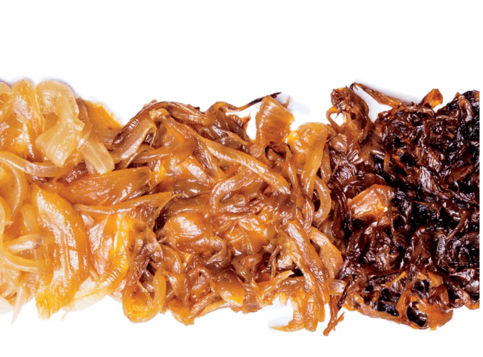 Close up of 2 shades of caramelized onion laid out side by side