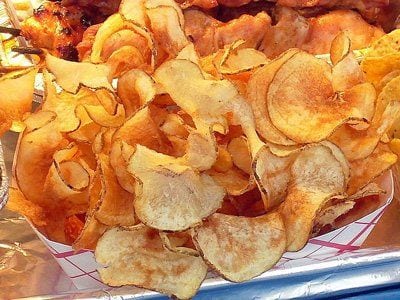 Close up Saratoga Chips piled high on plate
