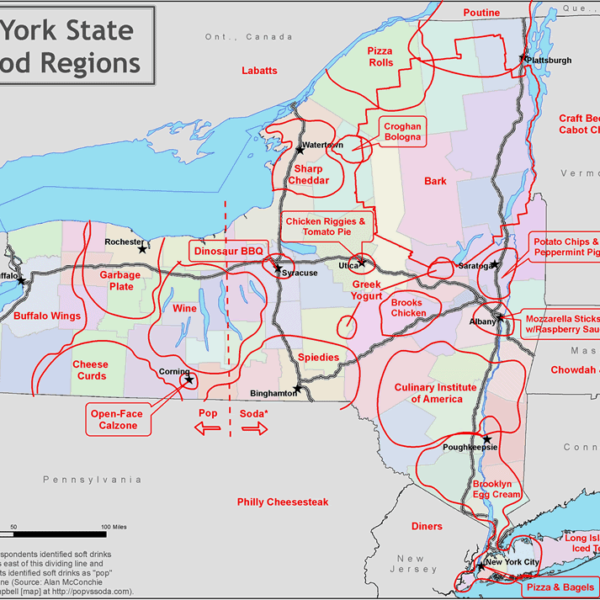 A close-up of a map of New York state.