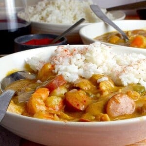 Sausage and Chiken Gumbo with rice in a bowl