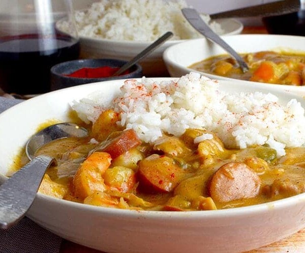 Sausage and Chiken Gumbo with rice in a bowl
