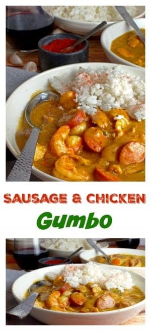 Sausage and Chicken Gumbo in bowl with spoon on table
