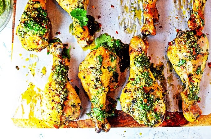 Tray of chimichurri chicken drumsticks.